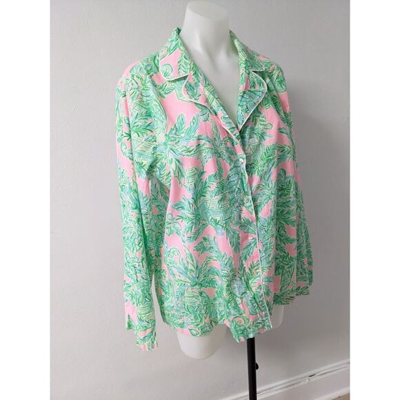 Lilly Pulitzer XL Button Up Pajama Top Green Pink Cotton Botanical Long Sleeves - Picture 5 of 13